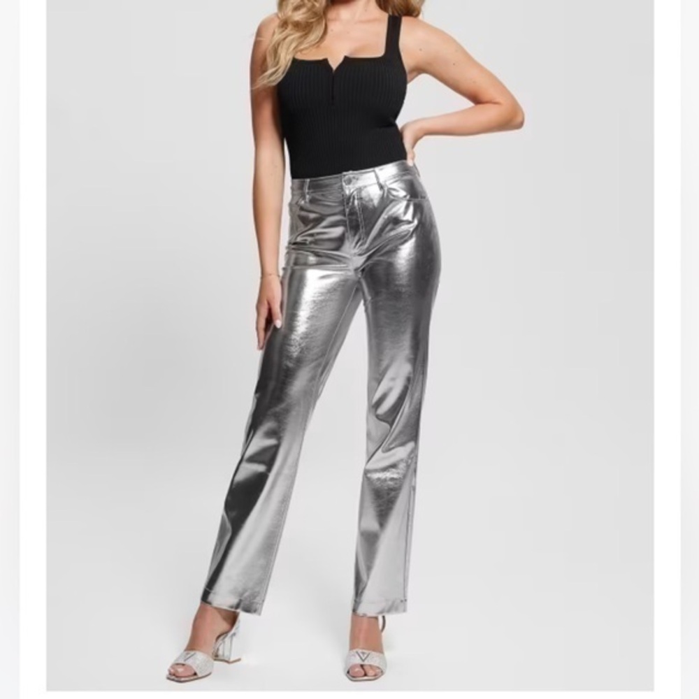 New Guess | Metallic Foil Highrise Straight Leg Pants
